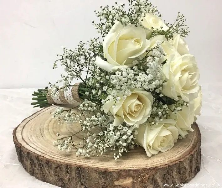 Bride Handtied Bouquet Of White Roses and Gypsophila