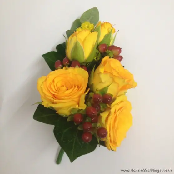 Autumnal Colours Pin Corsage with Gold Roses and Red Hypernicum Berries