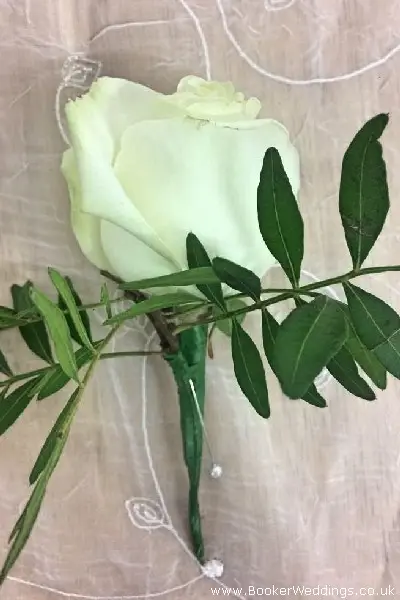 Wedding Buttonhole of White Rose and Pistachie