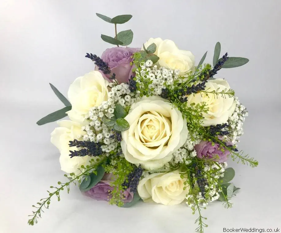 Roses Gyp Thlaspi and Lavender Bridesmaid Bouquet