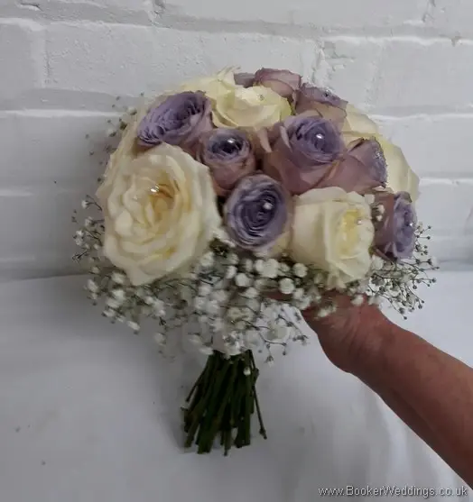 Cream and Lilac rose and gypsophila Bridal Bouquet with diamantes