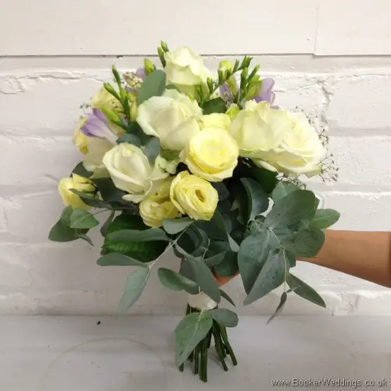 White, Gold and Lilac Bridal Bouquet Side View with Rose, Lissianthus and Freesia