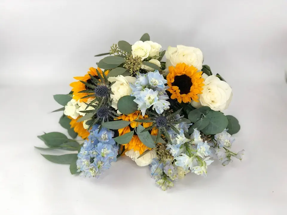 Blue Delphinium and Yellow Sunflower Wedding Bouquet