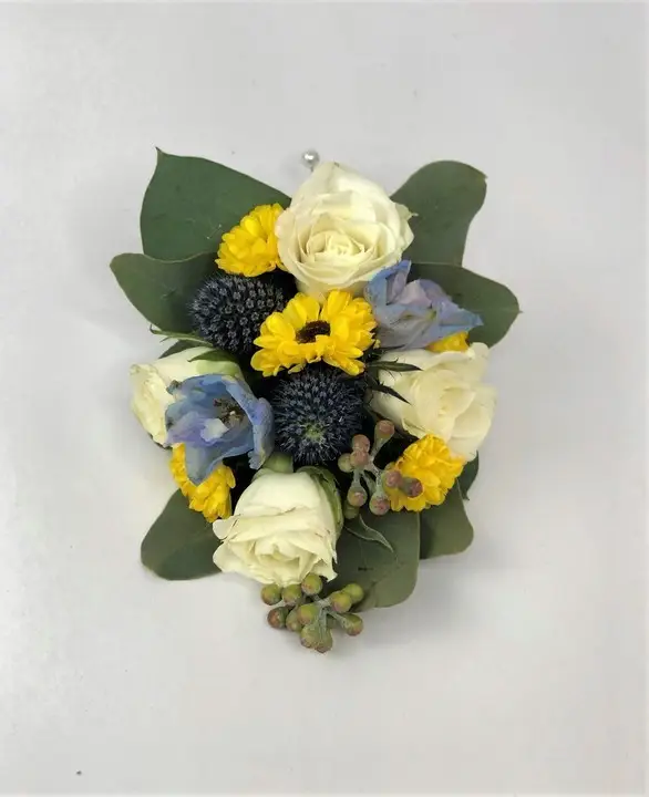 Blue and Yellow Corsage with Delphinium and Spray Roses