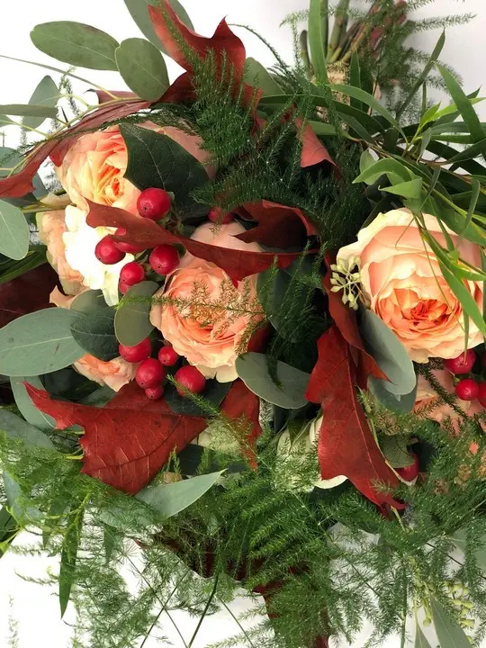 Peach Rose Bridal Bouquet with Autumn Textures