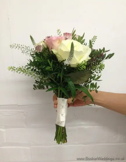 Just Picked Dusky Pink, Lilac and Cream Hand Tied Bridesmaid Bouquet with Roses, Spray Roses, Veronica, Green Bells and Astrantia Side View