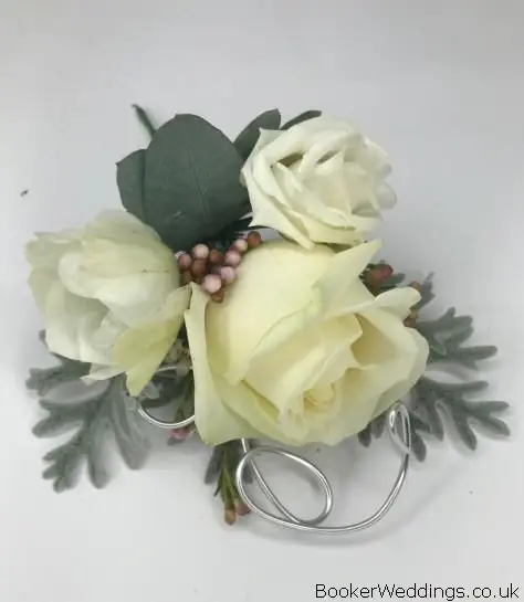White Bridesmaid Wrist Corsage on Silver Wire