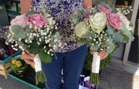 Dusky Pink Pale Pink and cream Rose Bride and Bridesmaid Bouquets - side