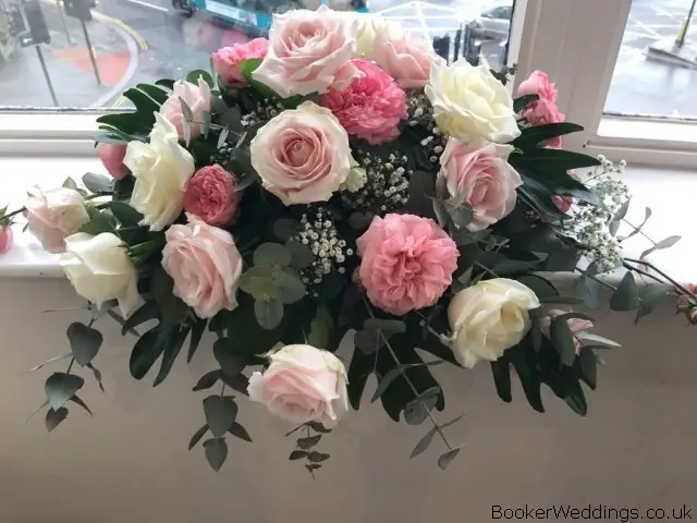 Pink and White Rose and Peony Registrar Table Arrangement