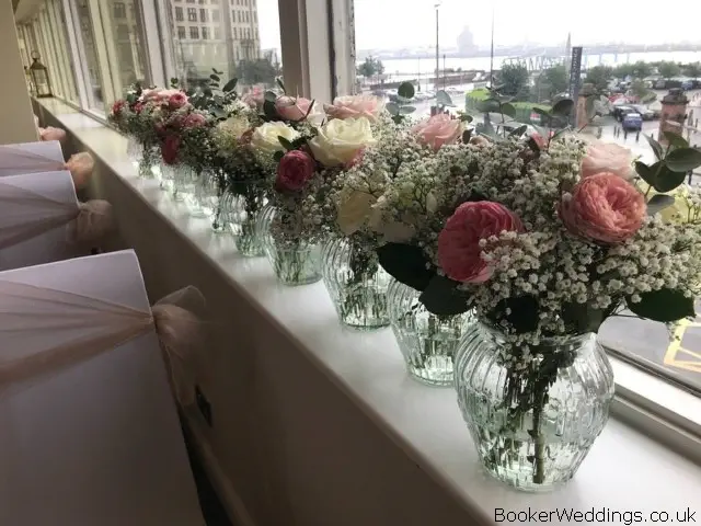 Venue Flowers of Roses and Gyp in Glass Vases