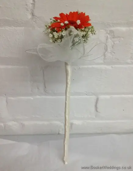 Orange gerbera and gypsophila flower girl wand bouquet side view