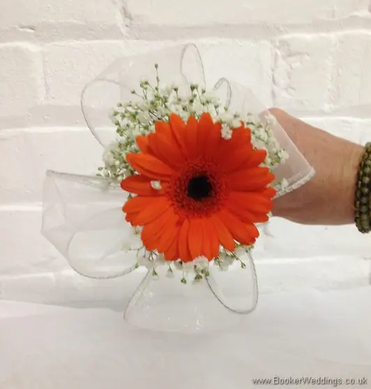 Orange gerbera and gypsophila flower girl wand bouquet
