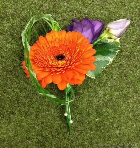 Bright and Vibrant Gerbera and Lissianthus Grooms Buttonhole