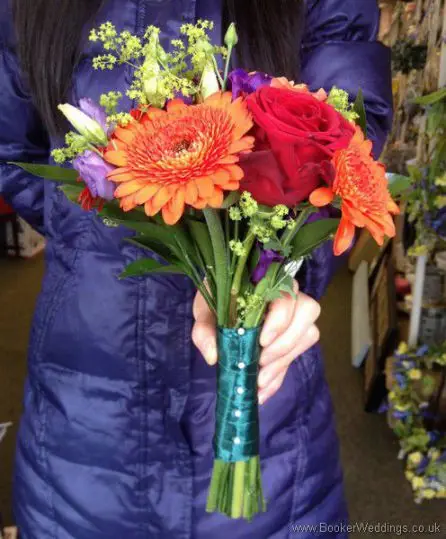 Bright and Vibrant Rose, Gerbera and Lissianthus Bridesmaid Bouquet Side View 3