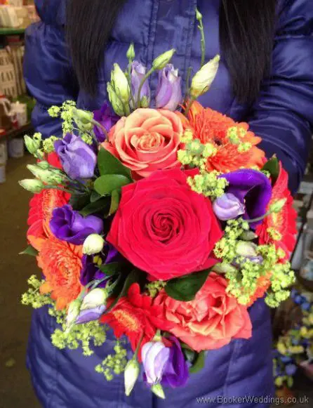 Bright and Vibrant Rose, Gerbera and Lissianthus Bridesmaid Bouquet