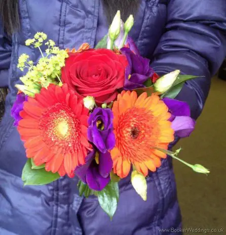 Bright and Vibrant Rose, Gerbera and Lissianthus Flowergirl Bouquet