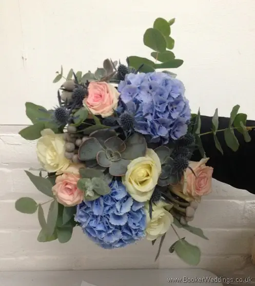 Wild Just Picked Blue, Cream & Blush Pink Bridal Bouquet with roses, hydrangea, eryngium, grey succulents and eucalyptus