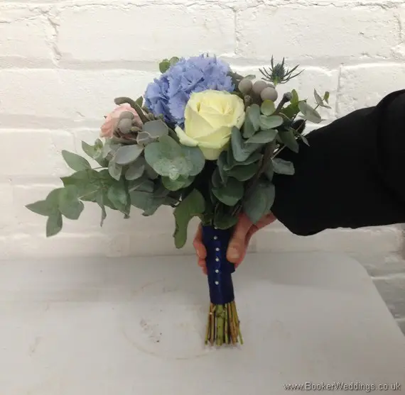 Wild Just Picked Blue, Cream & Blush Pink Bridesmaid Bouquet with roses, hydrangea, eryngium, grey succulents and eucalyptus SIde View