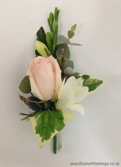 Wild Just Picked Blue, Cream & Blush Pink Pin Corsage with roses, hydrangea, eryngium and eucalyptus