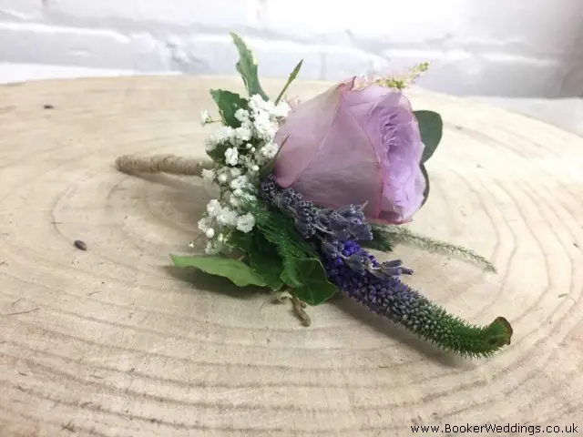 Groom Buttonhole of Lilac Rose Veronica  Lavender and Gyp