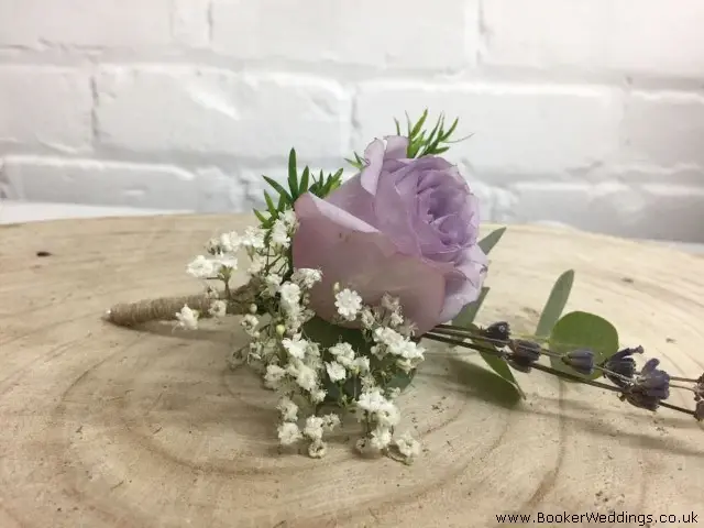 Lilac Rose Buttonhole with Lavender and Gyp