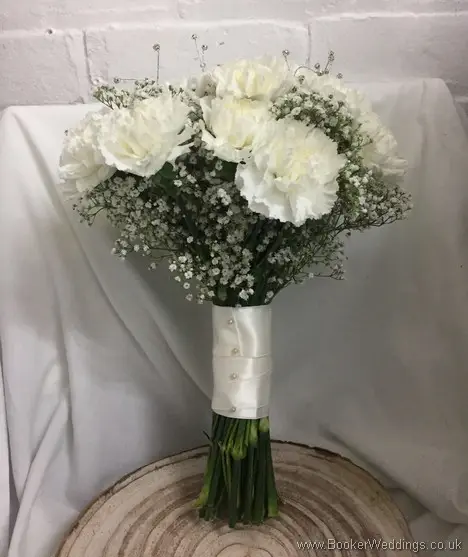 White Winter Wedding Handtied Bridal Bouquet of white carnations and gypsy grass Side View