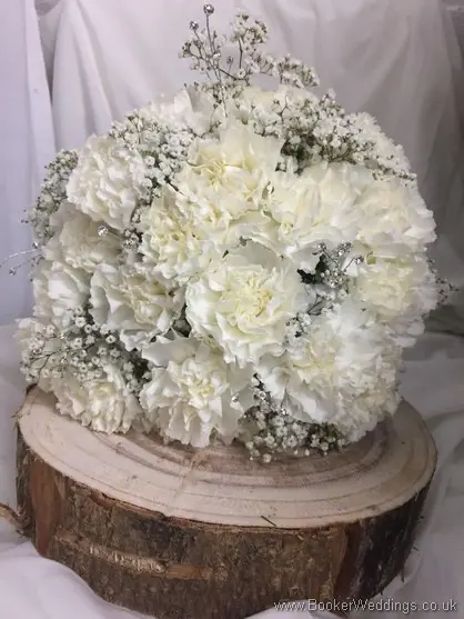 White Winter Wedding Handtied Bridal Bouquet of white carnations and gypsy grass with diamantes