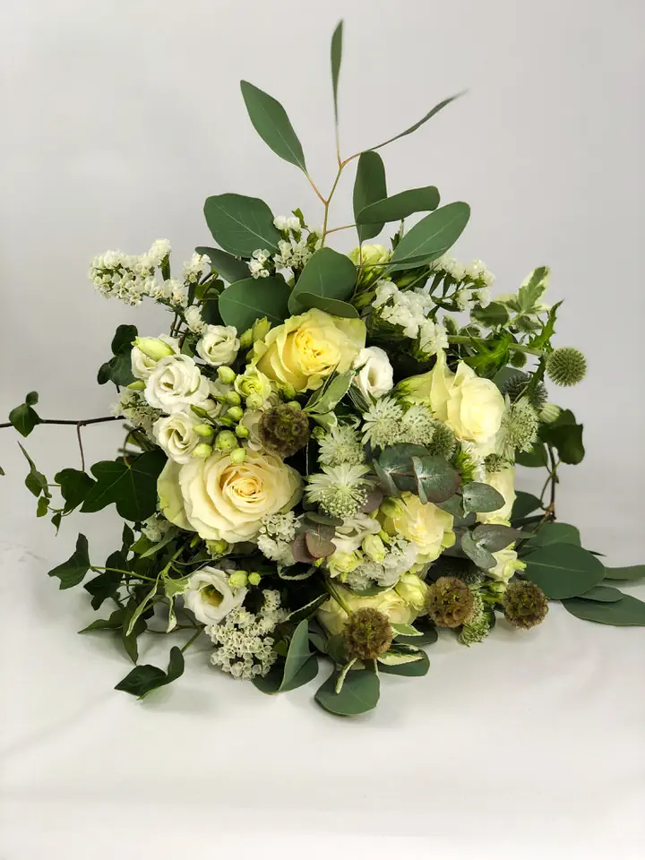 Rose Lisianthus Scabiosa and Euc Bride Handtied