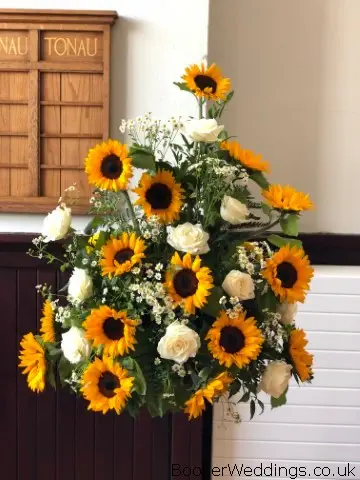 Church Pedestal of Sunflowers and Roses