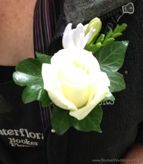 Ivory rose and lilac freesia Grooms Buttonhole