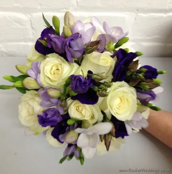 Purple and Cream Wedding Flowers - Brides Bouquet with Lilac Freesia, Purple Lissianthus and Ivory Rose in a hand tied Bouquet