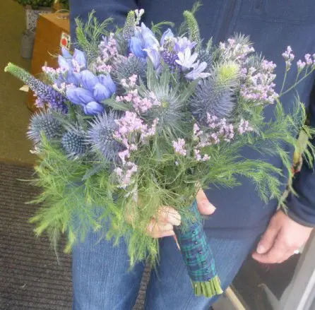 Blue Thistle Bouquet with Black watch Tartan - Side
