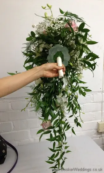 Blush Pink and Ivory Hand Tied Bridal Shower Bouquet with Roses, Dendrobium Orchid and Gypsophila Back View
