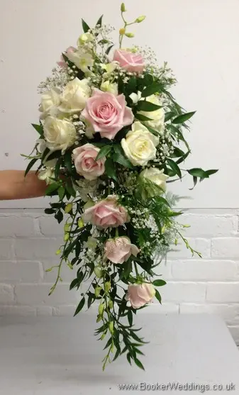 Blush Pink and Ivory Hand Tied Bridal Shower Bouquet with Roses, Dendrobium Orchid and Gypsophila Front View