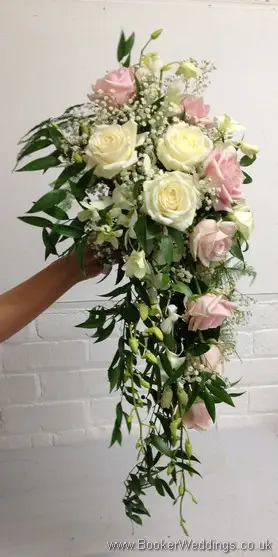 Blush Pink and Ivory Hand Tied Bridal Shower Bouquet with Roses, Dendrobium Orchid and Gypsophila Left View