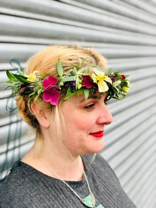 Floral Head Garland Circlet with Pink Hydrangea and Yellow Alstro
