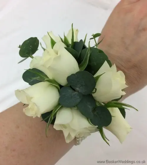 Ivory spray rose wrist corsage with pearl bracelet_top