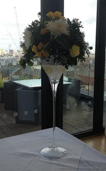 Yellow and White Flowers Tall Martini Glasses Table Centrepieces at The Hope Hotel