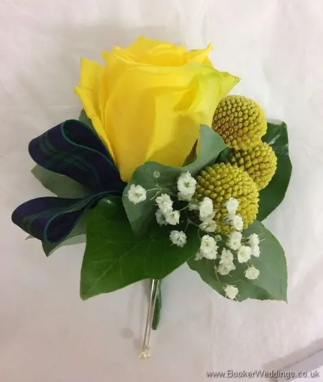 Yellow rose,  craspedia and gypsophila grooms buttonhole