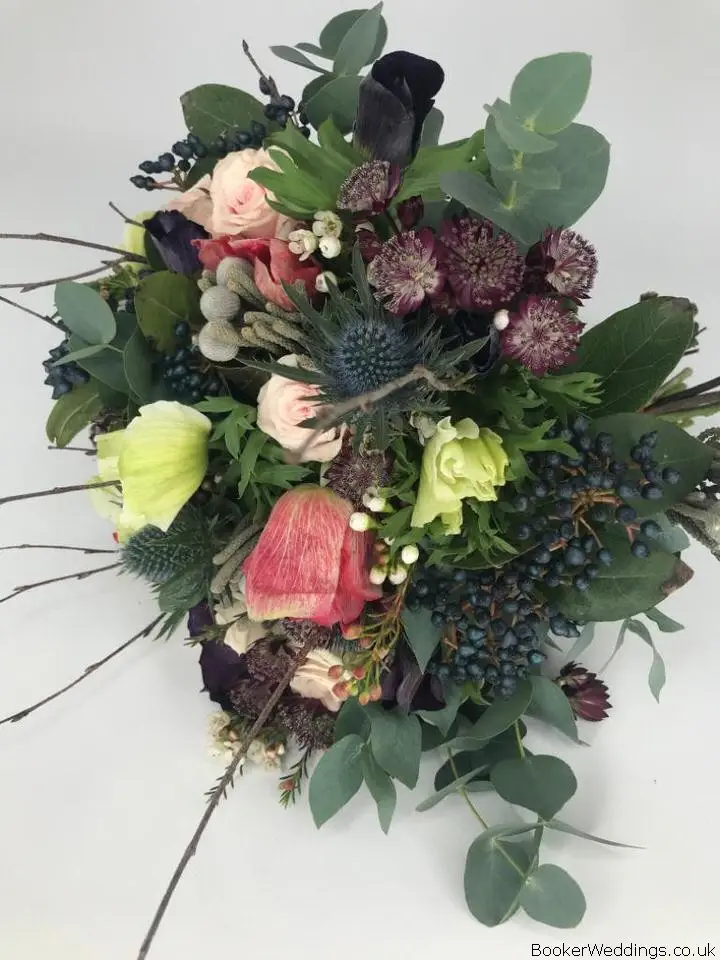 Anemones Astrantia Spray Roses Eryngium Wax and Euc