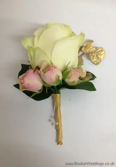 Pink & Gold Wedding Grooms Buttonhole with Roses, Gypsophila and Gold Leaves