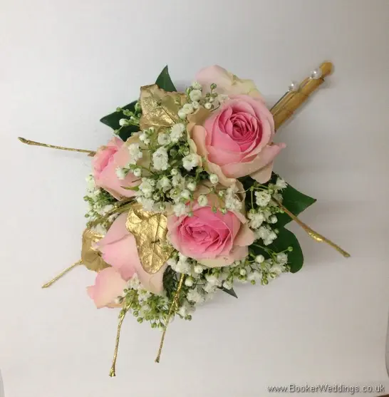 Pink & Gold Wedding Pin Corsage with Roses, Gypsophila and Gold Leaves and Twigs