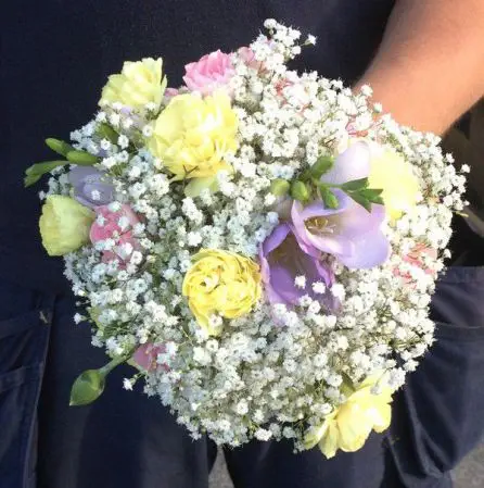 Pink Yellow and Lilac Freesia Spary Carnation and Gypsophilia Flowergirl Bouquet
