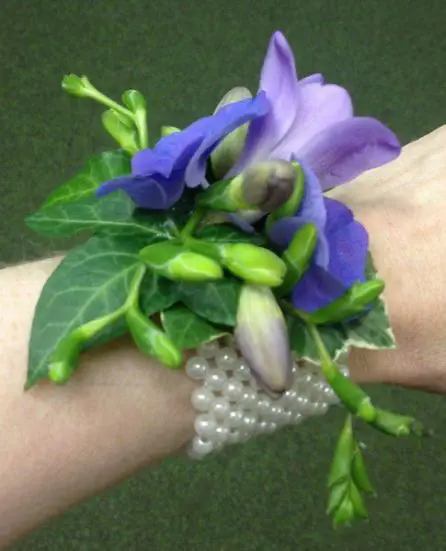 Purple Hydrangea and Freesia Wrist Corsage - Side