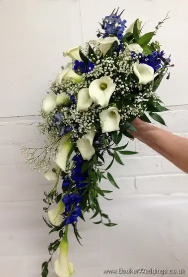 Bridal teardrop shower bouquet featuring white calla lillies, blue delphinium and gypsy grass left view