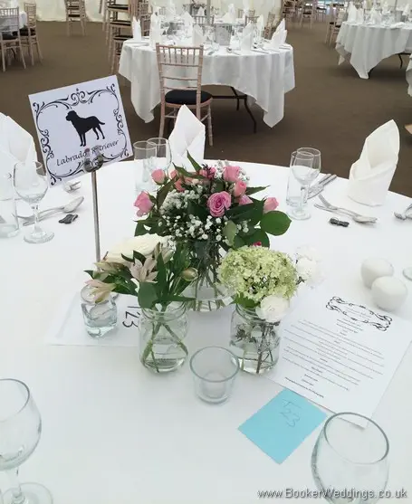 Jars of Just Picked Flower Table Centrepieces at the Vest Ball at Thornton Manor