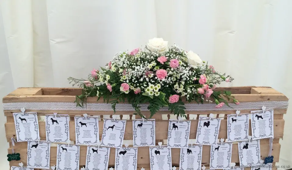 Pink and White Low and Long Seating Plan Arrangement at Thornton Manor Vets Ball