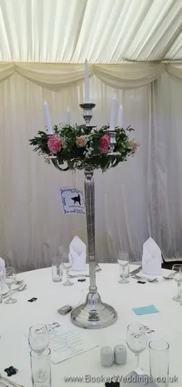 White and Pink Candelabra Tall Table Arrangements for the Vets Ball at Thornton Manor