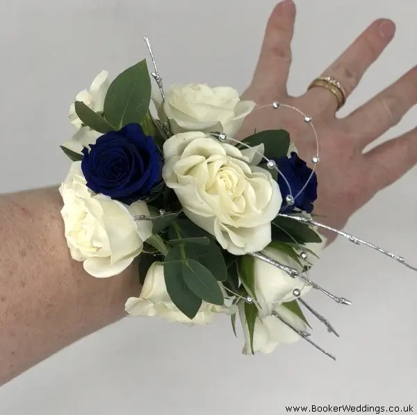 Blue and White Rose Wrist Corsage