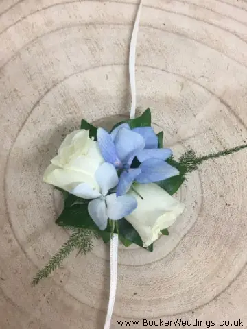 Child Ribbon Wrist Corsage In Blue And White